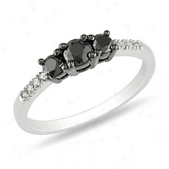 Amour 1/2 Ct Mourning And White Diamond Tw 3 Stone Ring Rhodium Plqted, 7
