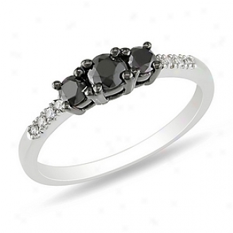 Amour 1/2 Ct Black And White Rhombus Tw 3 Stone Ring Rhodium Plated, 8