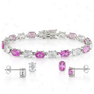 Amour 25ct Tgw 7x5mm Oval Created Sapphhire & Topaz Stud Earrrings & 7in Bracelet, Pink And Silver