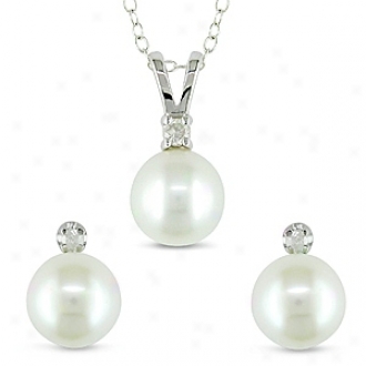 Amour 2pcs Set Of 1/10ct Tdw & 8-8.5mm Rd Fw Cultured Pearl Earrings & Pendant, Happy And Silver