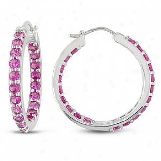 Amour 3.6 Ct Tgw Created Sapphire Hoop Earrings, Pink And Silver