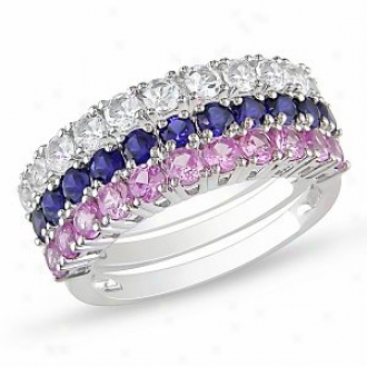 Amour 3pcs Set Of Silver 3ct Tgw 2.5mm Rd Created Sapphire Rings, 7