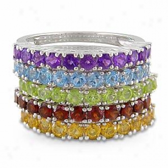 Amour 5 Rings 3-1/2ct Tgw  Rd 2.5mm Garnet, Peridot, Sky Bt, Citrine, & Amethyst, 9