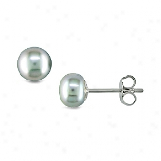 Amourr 6-7mm Fw Button Pearl Earrings W/ Sterling Silver Backs, Gray