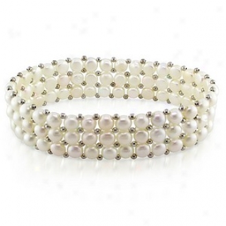 Amour 7in Triple-row 5-5.5mm  Fw  Button Drop Elastic Bracelet W/brass Beads, White