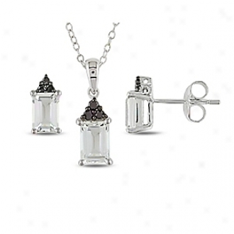 Amour Pendant & Earring 1/8ct Tdw Dia & 3ct Tgw W/ Emerald Cut 7x5mm Topaz &  Chain, Black And White