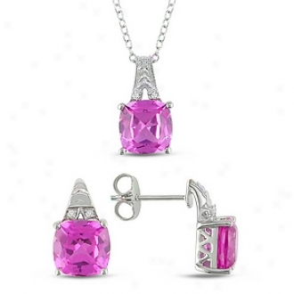 Amour Pendant & Earrings 0.03ct Tdw & 9-1/5ct Tgw Cushion Square 8mm Created Sapphire, Pink And Silver