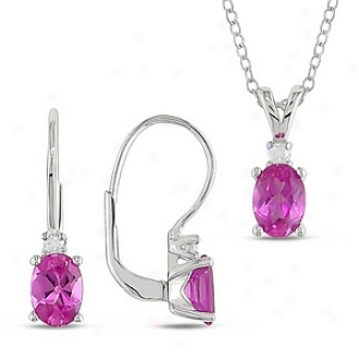 Amour Pendant & Leverback Earring (1/6ct Tdw & 3ct Tgw) W/ Oval 7x5mm Created Sapphire, White And Stab