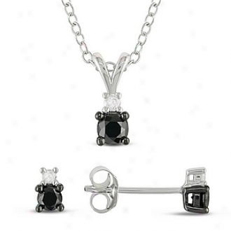 Amour Silver 1/2ct Tdw Diamond Pendant & Earrings W/ Chain I3, Black And White