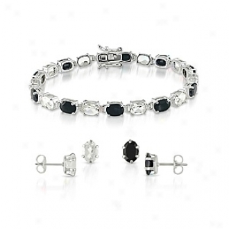 Amour Silver 25ct Tgw 7x5mm Oval Sapphire Topaz Post Earrings 7in Bracelet, Black And White