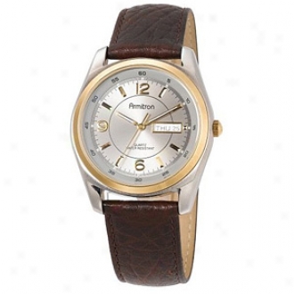 Armitron Watch Mens Two Tone Stainless Steel Case Brown Strap