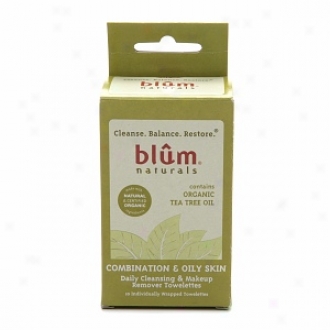 Blum Naturals Daily Cleansing & Makeup Remover Towelettes, Combination & Oily Skin, Contains Organic Tea Tree Oil