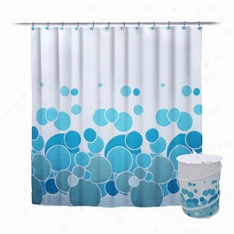 Elite Home Fashions 100% Collapsable Polyester Hamper And Curtain Set Blue Circle Design