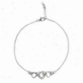 Emitations 9-10 In. Adjustable Pave Triple Heart Anklet, Silver