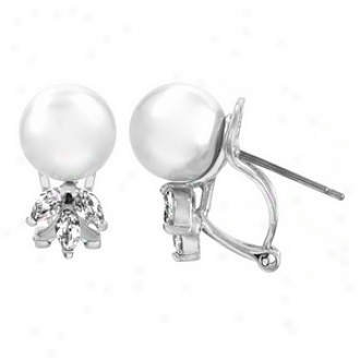 Emitations Rusty's Cz & Pearl Petal Earrings, Silver Tone