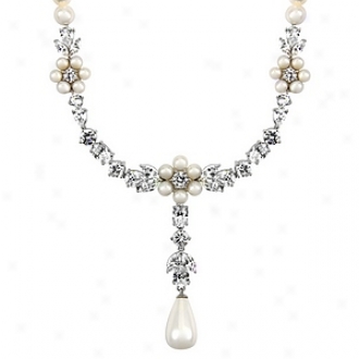 Emitations Tolla's Nuptial Pearl And Cz Dangle Necklace, Silver Tone