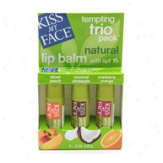 Kiss My Face Natural Lip Balm With Spf 15, 3 Pack, Sliced Peach, Coconut Pineapple & Cranberry Orange