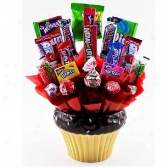 Sweets In Bloom Candy Cupcake - Ceramic Cupcake And Candy Bouquet